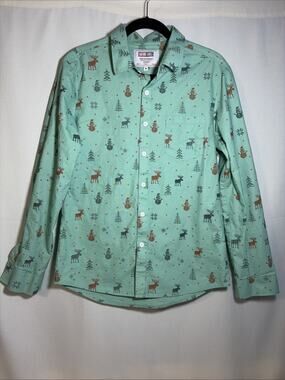 Arvil Hill Men’s Medium Green Christmas Button Shirt Crosstitch Design Holiday